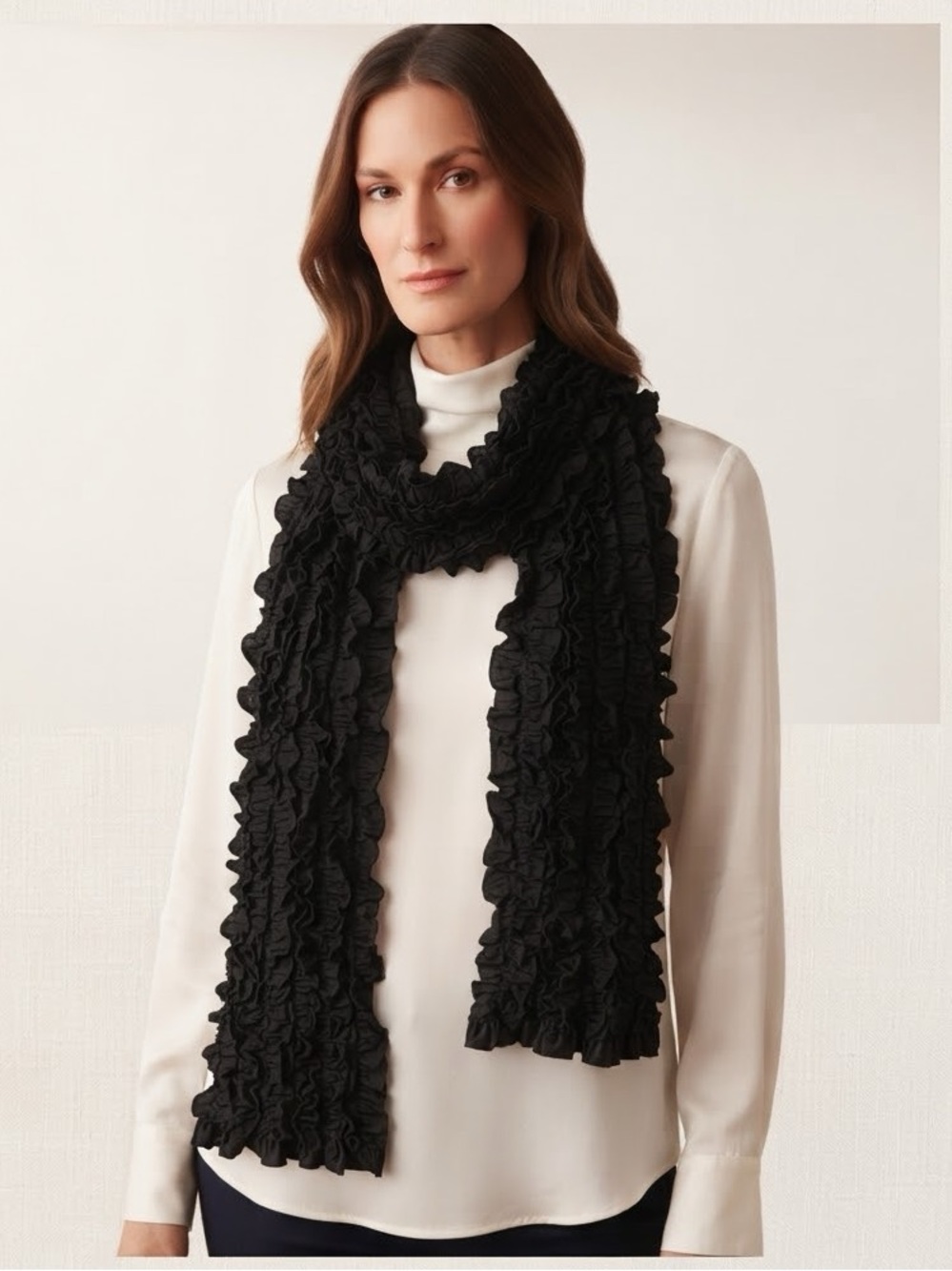 CHRISTOPHER & BANKS Textured Ruffle Scarf 11” x 72” Black EUC